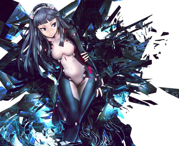 Anime picture 1300x1064 with guilty crown production i.g tsugumi infinote single long hair black hair purple eyes light smile abstract girl pilot suit