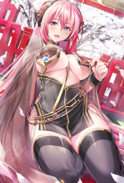 Anime picture 1200x1765 with vocaloid megurine luka megurine luka (vocaloid4) daidou (demitasse) single long hair tall image looking at viewer blush fringe breasts open mouth blue eyes light erotic smile hair between eyes large breasts sitting pink hair nail polish