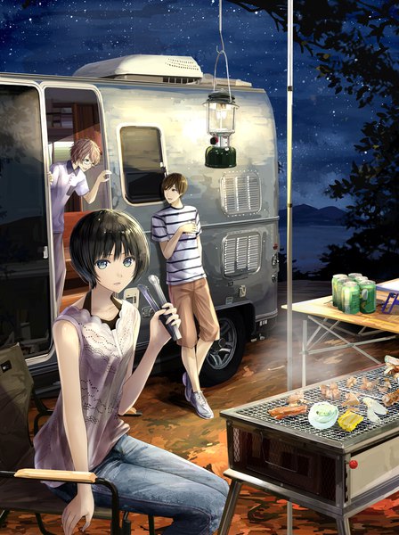 Anime picture 813x1088 with original mikipuruun no naegi tall image looking at viewer short hair blue eyes black hair brown hair sitting brown eyes bent knee (knees) night multiple boys leaning night sky steam talking girl boy glasses