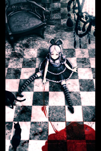 Anime picture 1640x2437 with original mubouou aasaa single long hair tall image red eyes sitting white hair checkered floor gothic girl thighhighs dress hair ornament bow hair bow blood cat striped thighhighs