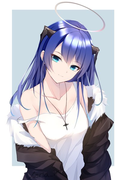 Anime picture 1413x2000 with arknights mostima (arknights) leria v single long hair tall image looking at viewer fringe breasts blue eyes simple background smile hair between eyes standing bare shoulders holding blue hair cleavage upper body head tilt