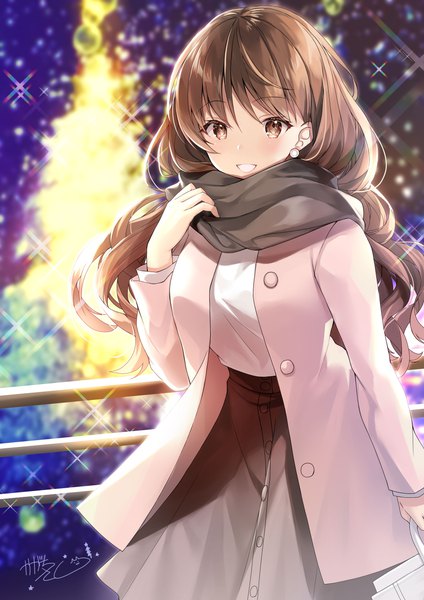 Anime picture 1767x2500 with original kagachi saku single long hair tall image looking at viewer blush fringe highres smile brown hair standing brown eyes signed long sleeves blurry open clothes sparkle grin girl