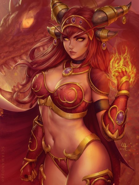 Anime picture 1875x2500 with world of warcraft blizzard entertainment alexstrasza sciamano240 single long hair tall image looking at viewer fringe highres breasts light erotic large breasts standing signed yellow eyes payot red hair arm up horn (horns)