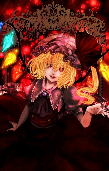 Anime picture 1300x2036 with touhou flandre scarlet sgz single tall image looking at viewer short hair open mouth blonde hair red eyes girl dress wings bonnet crystal