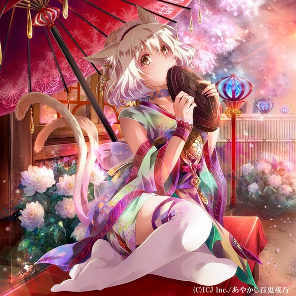Anime picture 1200x1200 with original tyouya single looking at viewer blush fringe short hair sitting holding brown eyes animal ears white hair tail traditional clothes japanese clothes animal tail cat ears cat tail zettai ryouiki multiple tails