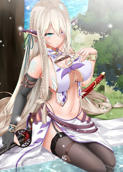 Anime picture 714x999 with original shirosuzu single tall image looking at viewer blush fringe breasts light erotic blonde hair large breasts sitting purple eyes bare shoulders outdoors braid (braids) very long hair aqua eyes pointy ears hair over one eye