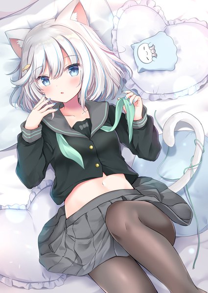 Anime picture 1026x1450 with original masayo (gin no ame) single tall image looking at viewer blush fringe short hair open mouth blue eyes hair between eyes holding animal ears bent knee (knees) white hair tail lying nail polish animal tail pleated skirt