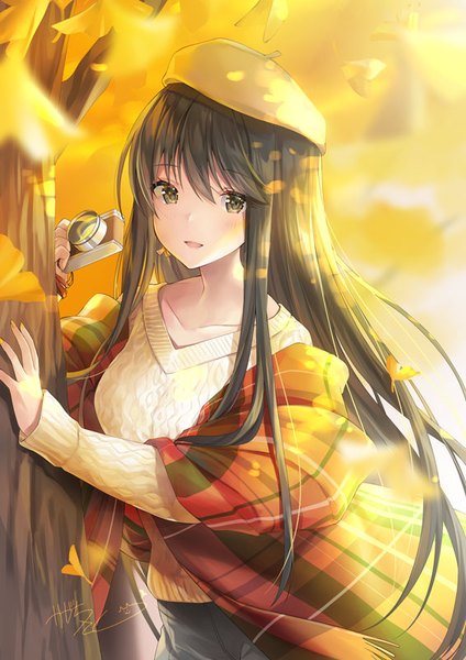 Anime picture 566x800 with original kagachi saku single long hair tall image looking at viewer blush fringe breasts open mouth black hair hair between eyes standing holding signed yellow eyes payot outdoors long sleeves blurry