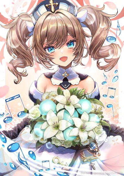 Anime picture 1158x1637 with genshin impact barbara (genshin impact) tapi single long hair tall image looking at viewer blush fringe open mouth blue eyes brown hair twintails head tilt :d drill hair girl flower (flowers) headdress detached collar