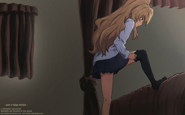 Anime picture 1920x1200 with toradora j.c. staff aisaka taiga hiei-ishida single long hair fringe highres brown hair standing brown eyes signed full body bent knee (knees) indoors profile pleated skirt loli leaning no shoes