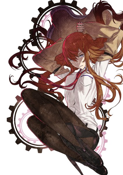 Anime picture 3620x5146 with steins;gate white fox makise kurisu kozaki yusuke single long hair tall image looking at viewer highres brown hair purple eyes absurdres scan open clothes open jacket legs girl shirt pantyhose necktie