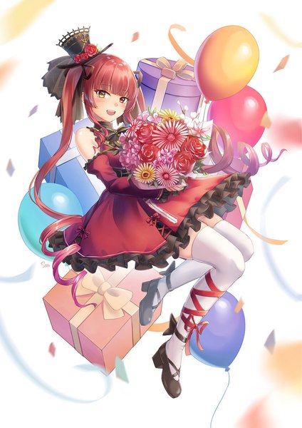 Anime picture 800x1131 with virtual youtuber hololive houshou marine houshou marine (3rd costume) sebu illust single tall image looking at viewer blush fringe open mouth twintails payot full body red hair blunt bangs very long hair :d heterochromia official alternate costume
