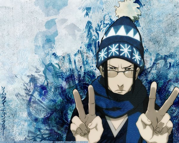 Anime picture 1280x1024 with samurai champloo jinnosuke ningen (nattoli) single looking at viewer short hair black hair upper body traditional clothes japanese clothes arm up grey eyes text victory blue background frown boy glasses kimono scarf