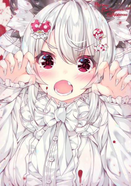 Anime picture 1054x1500 with original oziko (ojitcha) ojitcha single long hair tall image looking at viewer blush fringe open mouth hair between eyes red eyes animal ears payot silver hair long sleeves nail polish fingernails cat ears :o