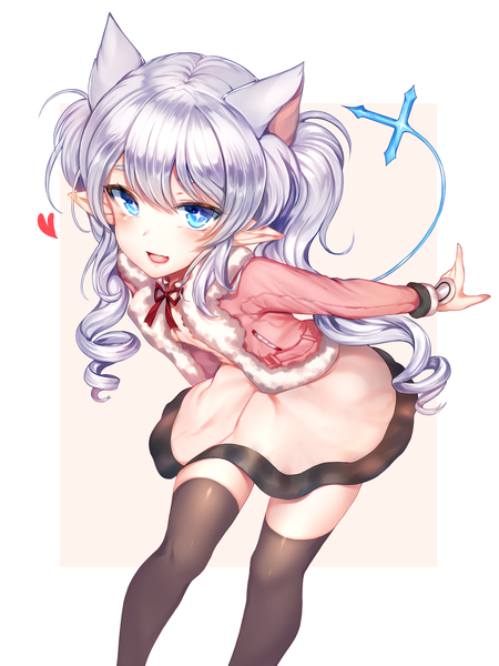 Anime picture 1500x2000 with elsword luciela r. sourcream (elsword) zerocat single long hair tall image looking at viewer blush fringe open mouth blue eyes simple background hair between eyes standing animal ears payot silver hair tail :d pointy ears
