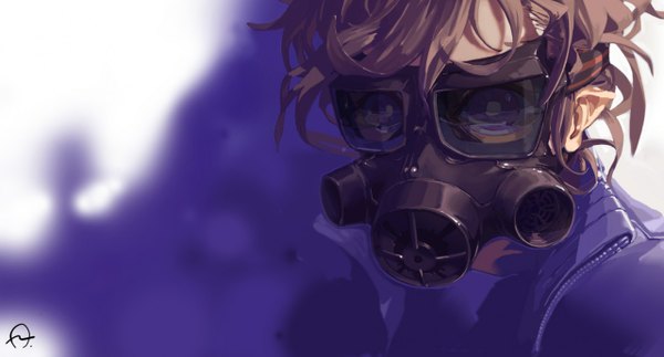 Anime picture 1280x690 with original a17 (pixiv) short hair brown hair wide image purple eyes pointy ears boy choker gas mask