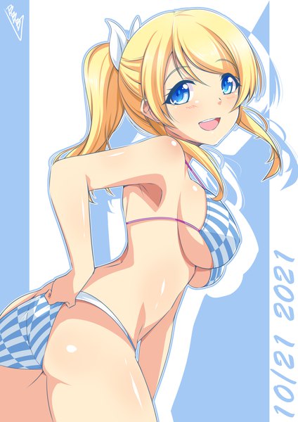 Anime picture 2480x3508 with love live! school idol project sunrise (studio) love live! ayase eli bunji single long hair tall image looking at viewer blush fringe highres breasts open mouth blue eyes light erotic simple background blonde hair smile standing