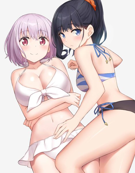 Anime picture 782x1000 with gridman universe ssss.gridman studio trigger takarada rikka shinjou akane cccpo long hair tall image looking at viewer blush fringe short hair breasts blue eyes light erotic black hair simple background smile hair between eyes large breasts