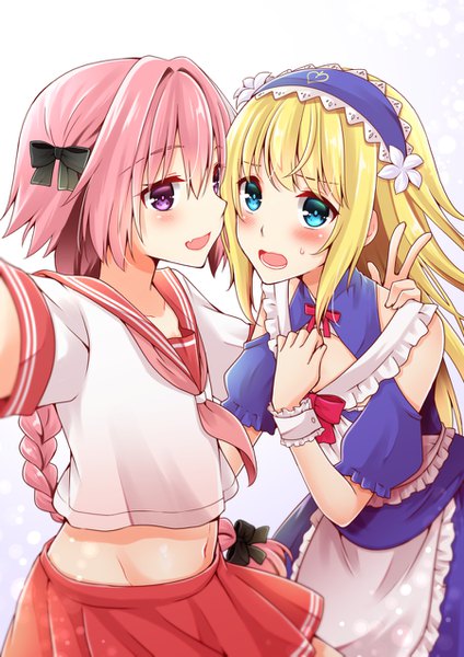 Anime picture 900x1273 with fate (series) fate/grand order fate/apocrypha astolfo (fate) chevalier d'eon (fate/grand order) wankoba long hair tall image looking at viewer blush open mouth simple background blonde hair smile white background pink hair braid (braids) pink eyes aqua eyes midriff