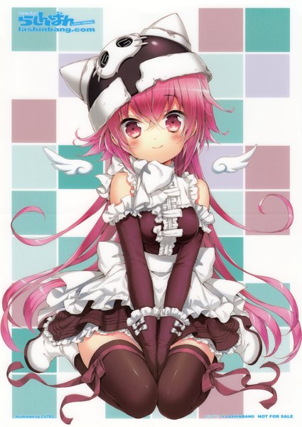 Anime picture 2147x3029 with original cuteg single long hair tall image looking at viewer blush highres smile pink hair pink eyes scan girl thighhighs dress gloves black thighhighs elbow gloves frills cap
