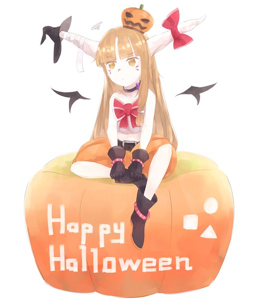 Anime picture 1143x1315 with touhou ibuki suika crazyoton46 single long hair tall image fringe simple background brown hair white background sitting yellow eyes payot horn (horns) sleeveless halloween adapted costume happy halloween girl gloves