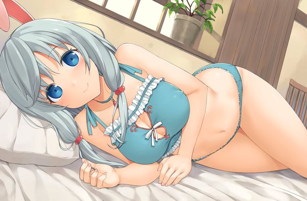 Anime picture 2048x1348 with arifureta shokugyou de sekai saikyou white fox shea haulia takayaki single long hair looking at viewer highres breasts blue eyes light erotic smile large breasts twintails indoors lying grey hair underwear only low twintails on side