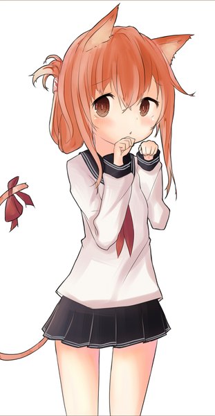 Anime picture 583x1122 with kantai collection inazuma destroyer re rally single long hair tall image blush fringe standing brown eyes animal ears looking away tail animal tail cat ears orange hair arms up bare legs :o cat tail
