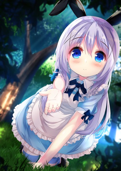 Anime picture 1060x1500 with gochuumon wa usagi desu ka? white fox kafuu chino chinomaron single long hair tall image looking at viewer blush fringe blue eyes smile hair between eyes animal ears payot purple hair outdoors arm support leaning bunny ears