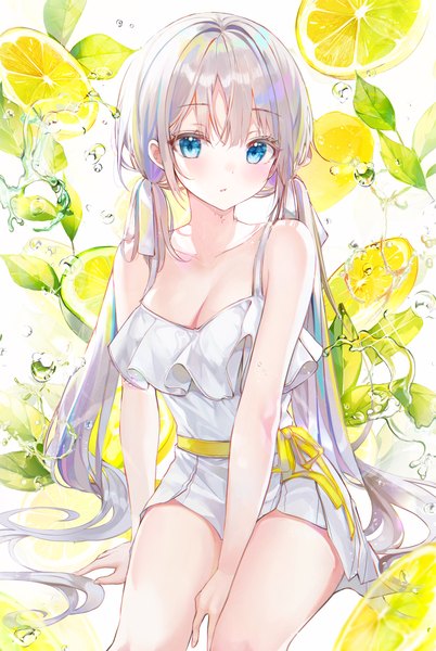 Anime picture 3200x4775 with original eumi 114 single tall image looking at viewer blush fringe highres breasts simple background sitting twintails bare shoulders absurdres cleavage silver hair blunt bangs parted lips head tilt multicolored hair