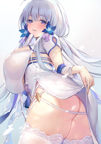 Anime picture 1000x1419 with azur lane illustrious (azur lane) illustrious (maiden lily's radiance) (azur lane) vivi (eve no hakoniwa) single long hair tall image looking at viewer blush fringe breasts light erotic simple background hair between eyes large breasts standing white background purple eyes holding silver hair
