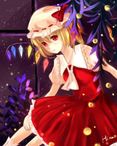 Anime picture 1200x1500 with touhou flandre scarlet single tall image short hair blonde hair red eyes girl dress wings crystal