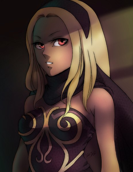 Anime picture 777x1006 with gravity daze kat (gravity daze) khaliqa bell single long hair tall image breasts blonde hair simple background red eyes bare shoulders signed parted lips sunlight dark skin shaded face girl hairband scarf