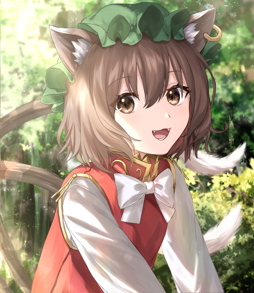 Anime picture 1136x1309 with touhou chen mozuno (mozya 7) single long hair tall image looking at viewer short hair open mouth brown hair brown eyes animal ears upper body outdoors tail :d animal tail cat ears cat girl cat tail