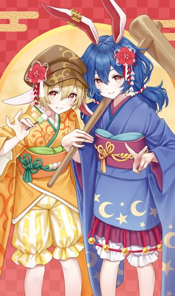 Anime picture 1771x2994 with touhou seiran (touhou) ringo (touhou) torinari (dtvisu) long hair tall image looking at viewer fringe highres short hair blonde hair smile hair between eyes red eyes standing twintails multiple girls animal ears blue hair traditional clothes