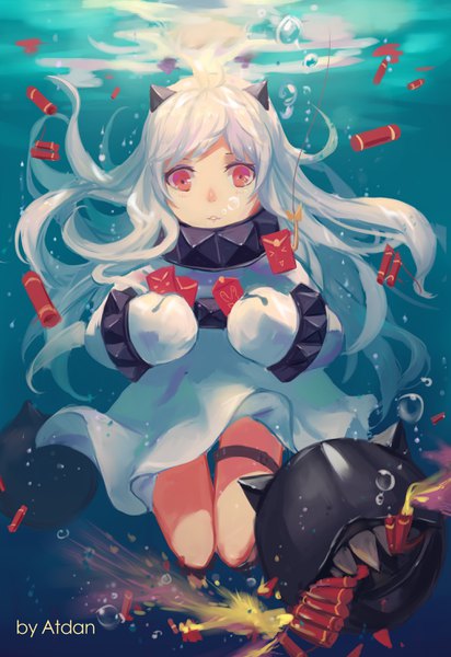 Anime picture 2031x2952 with kantai collection northern ocean hime enemy aircraft (kantai collection) atdan single long hair tall image looking at viewer highres red eyes signed ahoge white hair parted lips horn (horns) underwater revision shinkaisei-kan girl dress