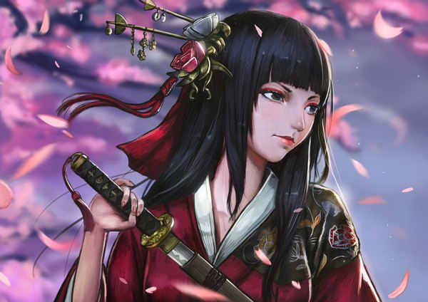 Anime picture 4961x3508 with original timkongart single long hair fringe highres black hair holding payot looking away absurdres upper body outdoors blunt bangs nail polish traditional clothes japanese clothes wind black eyes blurry