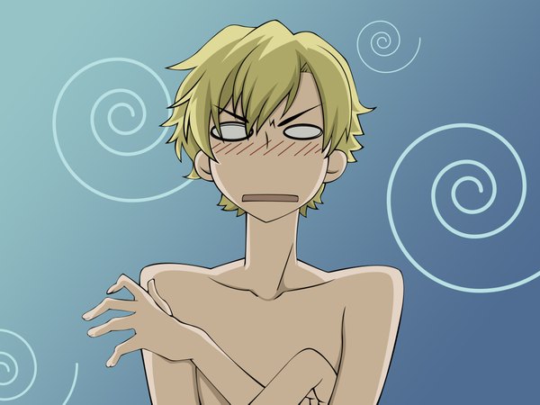 Anime picture 4200x3150 with ouran high school host club studio bones suou tamaki morrow single blush highres short hair blonde hair simple background absurdres embarrassed topless vector o o boy