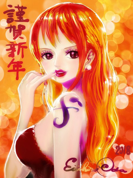 Anime picture 1536x2048 with one piece toei animation nami (one piece) oda eiichirou single long hair tall image looking at viewer fringe breasts light erotic bare shoulders brown eyes signed upper body nail polish lips orange hair official art sparkle