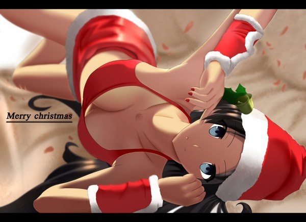 Anime picture 1920x1392 with fate (series) fate/stay night toosaka rin paperfinger single long hair looking at viewer highres breasts blue eyes light erotic black hair christmas letterboxed merry christmas girl hat petals santa claus hat