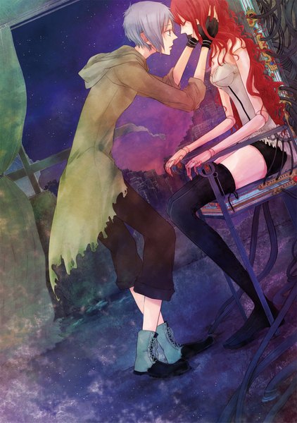 Anime picture 1200x1705 with original shoku niwatori long hair tall image short hair sitting red hair eyes closed profile grey hair night couple torn clothes city evening curly hair girl thighhighs boy gloves