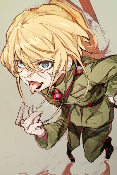 Anime-Bild 1663x2497 mit youjo senki tanya degurechaff hiranko single long hair tall image fringe blue eyes simple background blonde hair hair between eyes looking away ponytail from above military girl gloves uniform white gloves tongue