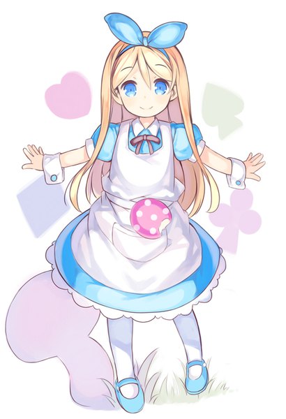 Anime picture 650x950 with alice in wonderland original alice (alice in wonderland) kurasuke single long hair tall image looking at viewer fringe blue eyes blonde hair smile hair between eyes standing white background full body puffy sleeves spread arms girl bow
