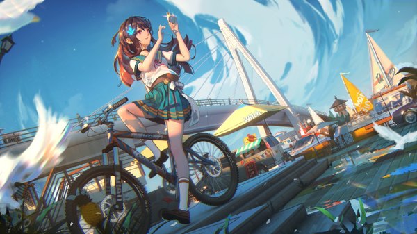 Anime picture 2560x1440 with witch's weapon ibara dance single long hair highres breasts smile brown hair wide image sitting purple eyes holding looking away sky full body outdoors parted lips pleated skirt hair flower wind
