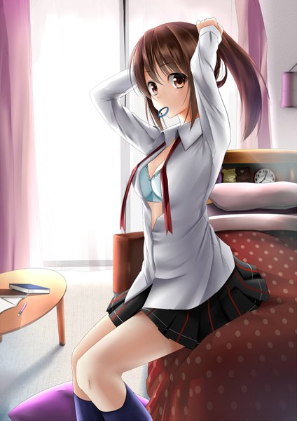Anime picture 1301x1841 with original mizinkoex single long hair tall image looking at viewer fringe breasts light erotic brown hair sitting holding brown eyes ponytail indoors pleated skirt open clothes arms up open shirt mouth hold