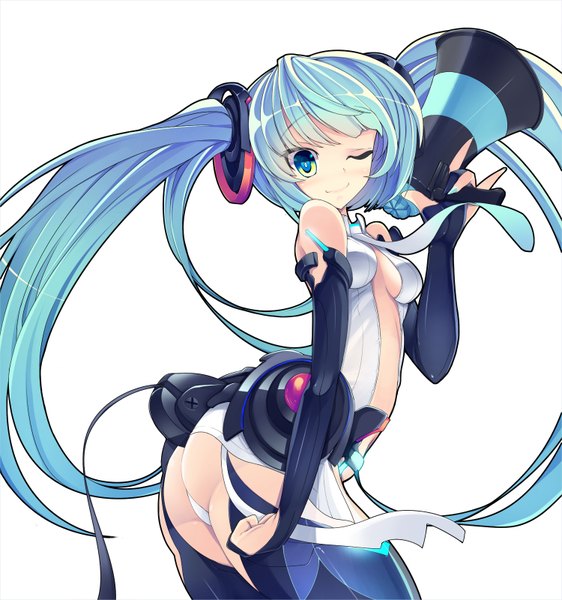 Anime picture 1500x1600 with vocaloid vocaloid append hatsune miku hatsune miku (append) torisan single long hair tall image blush fringe light erotic simple background smile white background twintails green eyes blue hair ass one eye closed wink