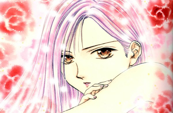 Anime picture 1000x656 with ayashi no ceres studio pierrot watase yuu (artist) single long hair looking at viewer smile bare shoulders brown eyes pink hair girl flower (flowers)