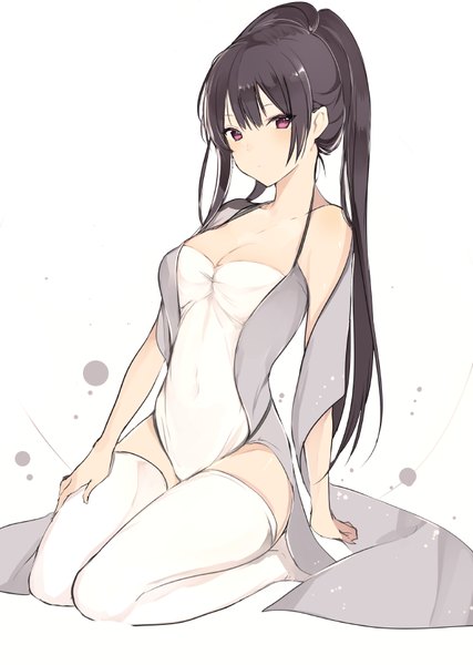 Anime picture 650x914 with original lpip single long hair tall image looking at viewer blush breasts light erotic black hair red eyes large breasts white background sitting purple eyes payot cleavage full body ponytail blunt bangs