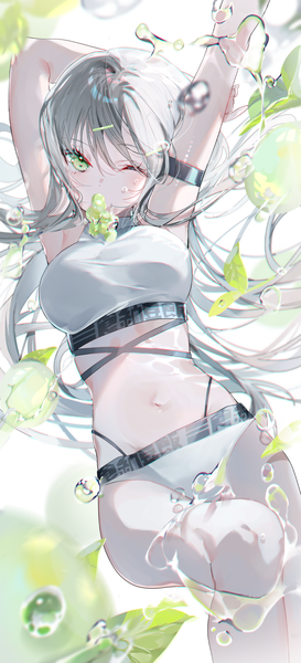 Anime picture 802x1761 with original miwano rag single long hair tall image looking at viewer breasts light erotic green eyes bent knee (knees) one eye closed grey hair arms up armpit (armpits) covered mouth holding arm girl navel swimsuit bikini