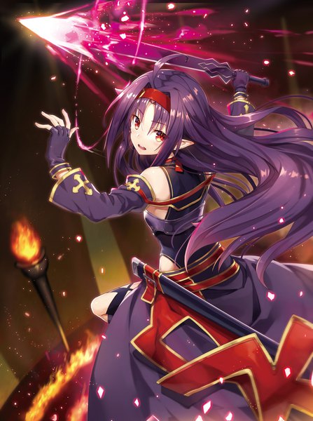 Anime picture 670x900 with sword art online a-1 pictures yuuki (sao) gabiran single long hair tall image looking at viewer blush fringe open mouth hair between eyes red eyes holding purple hair ahoge looking back pointy ears from behind teeth