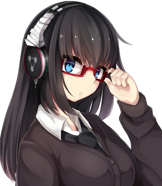 Anime picture 1000x1144 with original otokuyou single long hair tall image looking at viewer fringe blue eyes black hair simple background white background close-up girl glasses necktie headphones